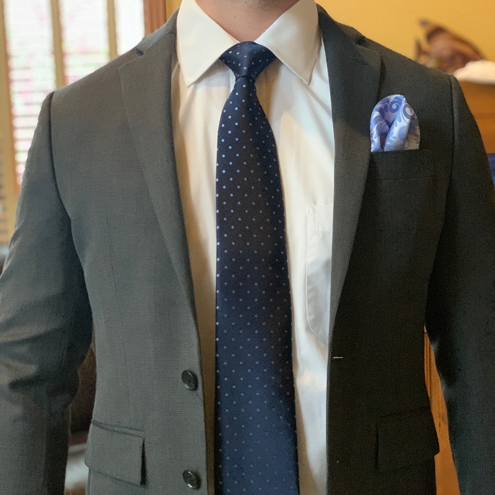 Grey Birdseye suit.